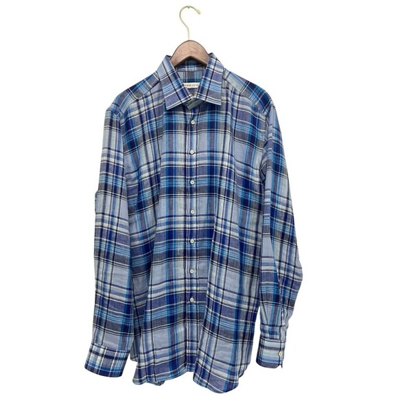 ETRO Button Down Dress Shirt  Vibrant Blue Plaid Check 100% Linen Men’s Size XL - Picture 3 of 9